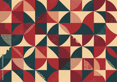 Geometric Abstract Pattern with Circles and Squares in Red Teal and Beige.