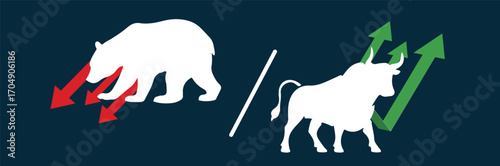 Bullish or Bearish Market Trend in Cryptocurrency and Stock Trading – Vector Illustration with Price Chart, Green Up and Red Down Arrows, Trade Exchange Graph