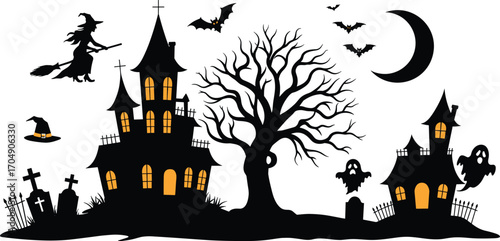 Halloween haunted houses with witch flying broomstick, bare tree, ghosts, bats, crescent moon, graveyard, spooky night, and witch hat silhouette