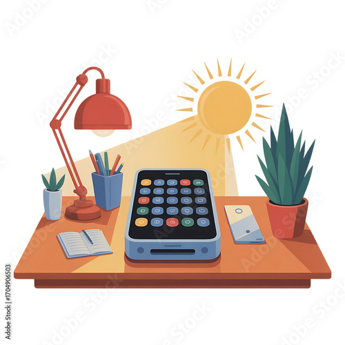 Modern Flat-Lay Desk Scene: Sunny Workspace with Tablet, Plants, and Notebook.