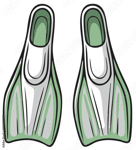 Pair of green and white swim fins for snorkeling or diving