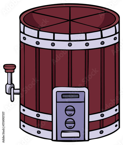 Hand drawn cartoon illustration of a wooden barrel with a tap and a panel with round windows