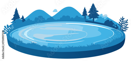 Serene Lake Surrounded by Mountains and Evergreen Trees Vector Illustration