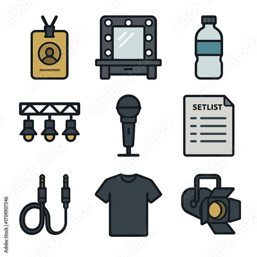 Backstage Icon Set. Flat icon set of backstage elements: backstage pass, dressing room mirror, artist water,