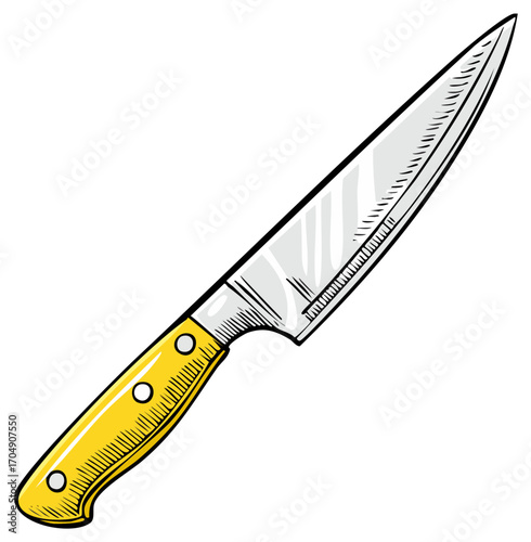 Cartoon illustration of a sharp kitchen knife with yellow handle on white background.