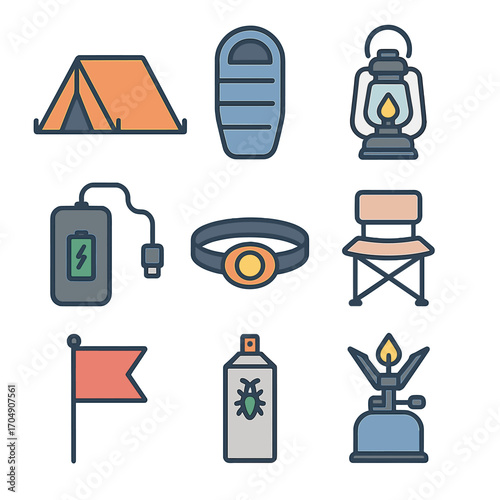Festival Camping Icons. Flat icon set of camping at festivals: pitched tent, sleeping bag, lantern, power bank