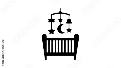 Baby crib with mobile and transparent background