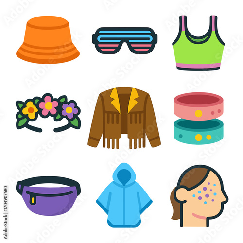 Festival Fashion Icons. Flat icon set of festival wear: bucket hat, LED glasses, neon crop top, fringe jacket,