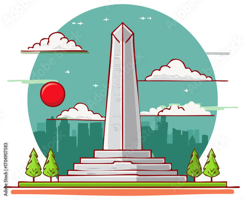Monument and Cityscape Illustration with Obelisk, Clouds, Trees, and Sky