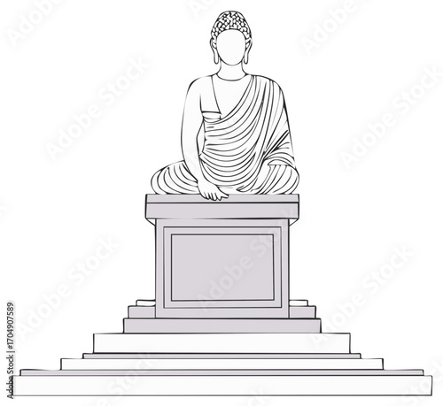 Line Art Drawing of Seated Buddha Statue on Pedestal for Spiritual Peace and Meditation