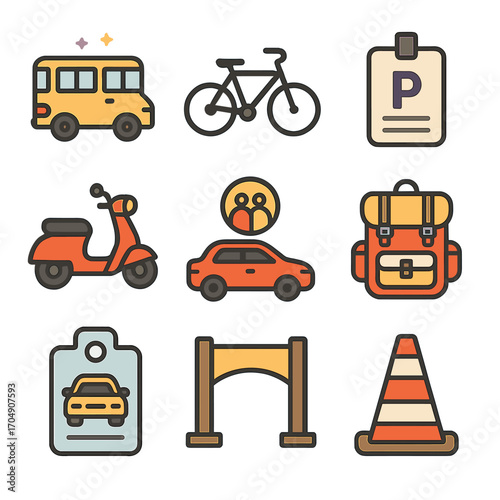 Festival Travel Icons. Flat icon set of festival transportation: shuttle bus, bicycle, parking pass, scooter,