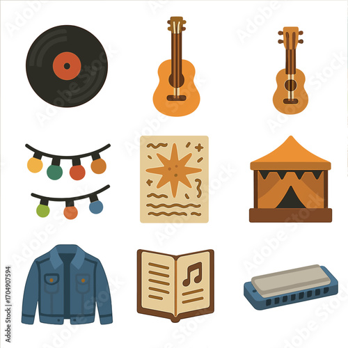 Indie Music Icons. Flat icon set of indie music visuals: vinyl record, acoustic guitar, ukulele, festival