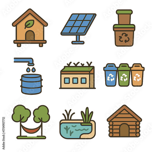 Sustainable Lodging Icons. Flat icon set of sustainable accommodations: eco lodge, solar panels, composting