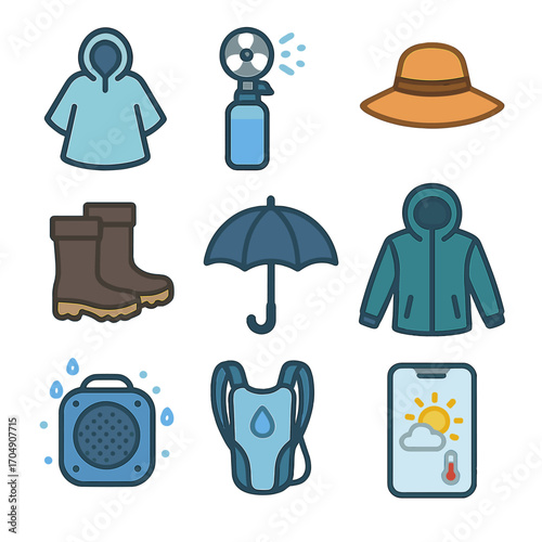 All-Weather Concert Gear Icons. Flat icon set of all-weather concert gear: poncho, fan spray, sun hat, mud