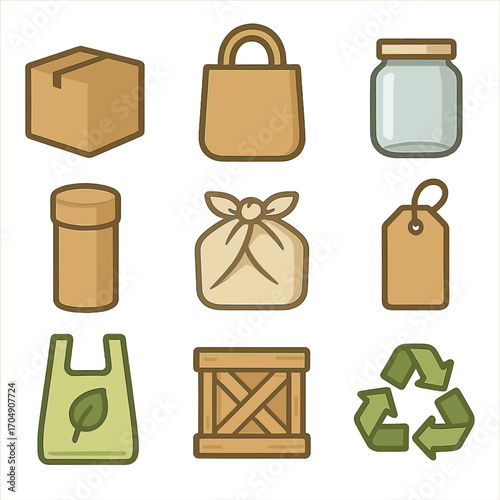 Eco-Friendly Packaging Icons. Flat icon set of eco-friendly packaging: kraft paper box, jute bag, glass jar,