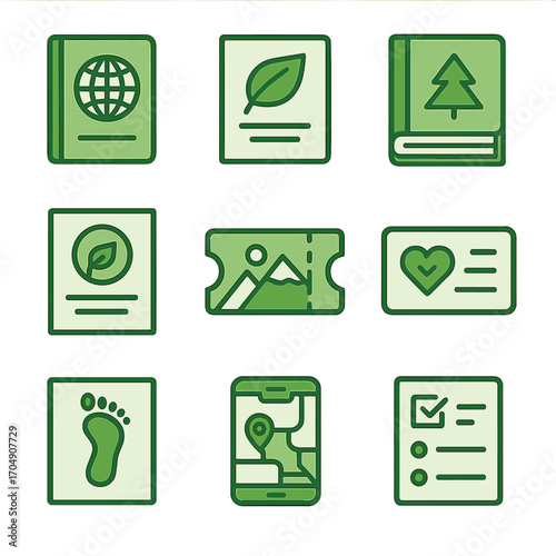 Eco Travel Icons. Flat icon set of green travel documentation: eco passport, travel visa, green guidebook,