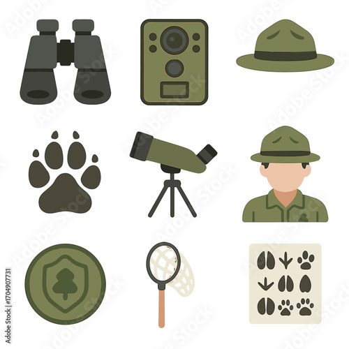 Wildlife Conservation Icons. Flat icon set of wildlife conservation travel: binoculars, wildlife camera,