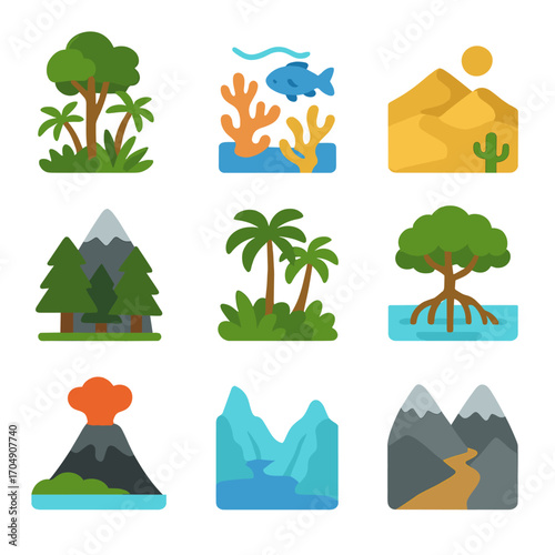 Nature Travel Icons. Flat icon set of nature-focused travel: rainforest, coral reef, desert dunes, alpine