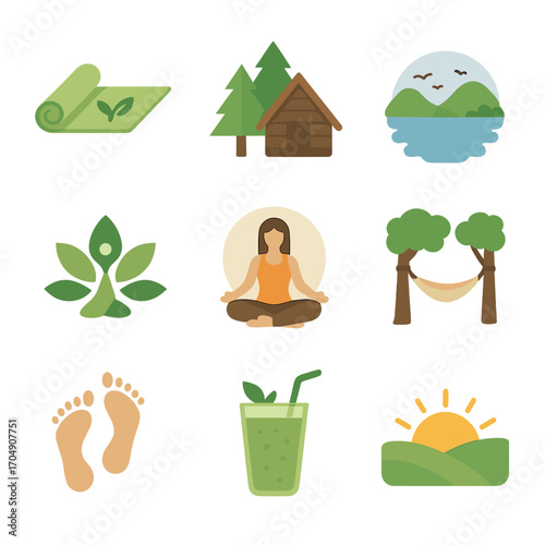Nature Retreat Icons. Flat icon set of nature retreats: eco yoga mat, forest hut, calm lake, wellness symbol,