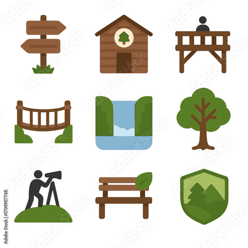 Natural Park Icons. Flat icon set of natural parks and reserves: trail sign, ranger station, observation deck,