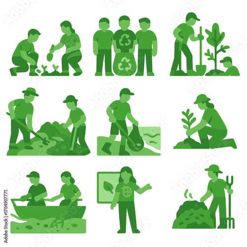 Green Volunteering Icons. Flat icon set of green volunteering: community garden, recycling team, forest