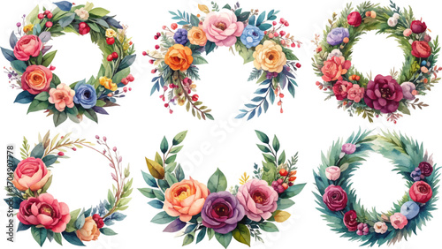 Watercolor floral wreaths in soft colors. Elegant watercolor flower wreath artwork. Round wreaths painted with vibrant flowers. Colorful floral wreath collection for decor