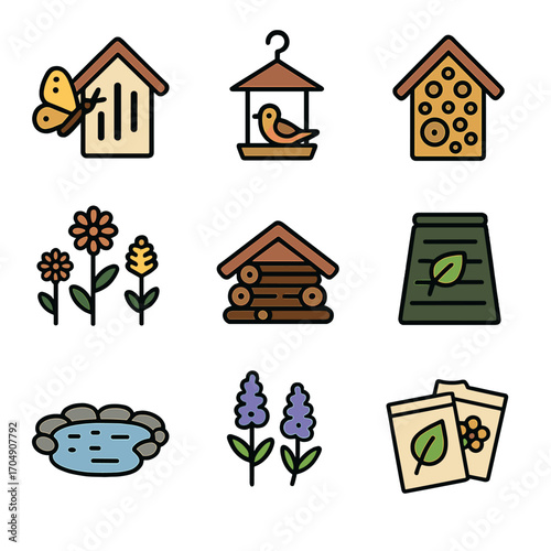 Wildlife Garden Icons. Flat icon set of wildlife-friendly gardens: butterfly house, bird feeder, bee hotel,