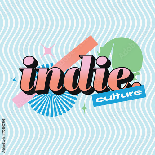 Boldtypography art of "Indie Culture" in lowercase on wavy lines blue and white Stripe Background ,1980s Tropical Style Illustration