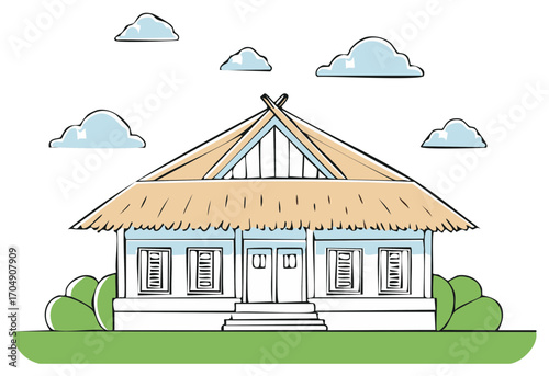 Traditional rural house illustration with a distinctive thatched roof and quaint architectural details amidst green bushes and clouds