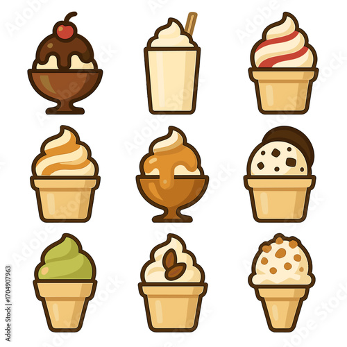 Frozen Delight Icons. Flat icon set of creamy frozen delights: chocolate fudge sundae, vanilla bean shake,