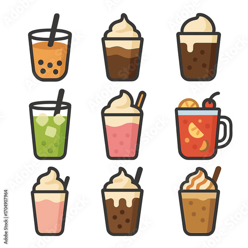 Summer Dessert Drinks. Flat icon set of summer dessert drinks: boba tea, frappuccino, cold brew float, iced