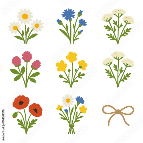 Wildflower Icon Set. Flat icon set of wildflower compositions: daisies, cornflowers, Queen Anne’s lace, clover