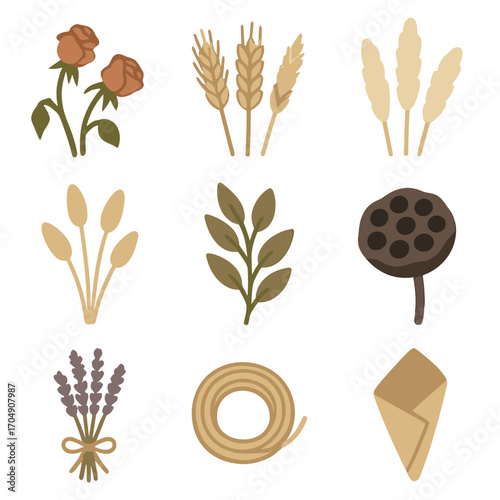 Dried Floral Icon Set. Flat icon set of dried floral designs: dried roses, wheat stalks, pampas grass, bunny