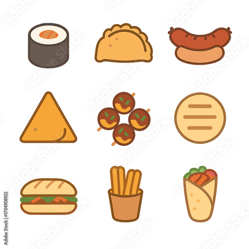 International Street Food Icons. Flat icon set of international street food: sushi roll, empanada, bratwurst,