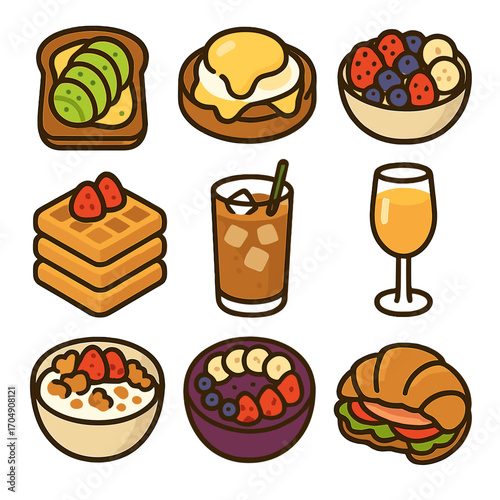 Brunch Favorites Icons. Flat icon set of brunch cafe favorites: avocado toast, eggs benedict, fruit bowl,