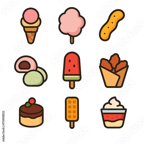 Sweet Treat Icons. Flat icon set of popular street sweets: gelato cone, cotton candy, fried dough, mochi, ice