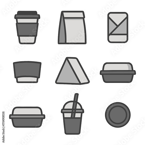 Takeaway Packaging Icons. Flat icon set of takeaway cafe packaging: coffee cup, paper bag, napkin wrap, drink