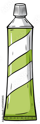 Green tube of toothpaste with a white swirl design, simple and clean graphic.