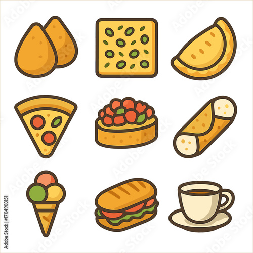 Italian Street Food Icons. Flat icon set of Italian street food: arancini, focaccia, calzone, pizza slice,