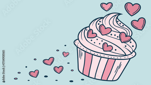 Valentine's day cupcake with hearts vector illustration for sweet dessert and love themed designs