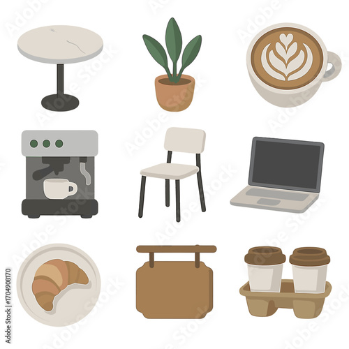 Modern Cafe Icon Set. Flat icon set of modern cafe setup: marble table, plant decor, latte art, barista