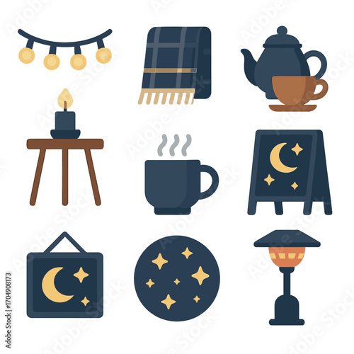 Evening Cafe Icons. Flat icon set of outdoor evening cafes: string lights, cozy blanket, warm tea, candle