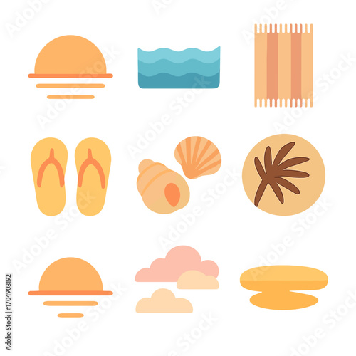 Beach Sunset Icons. Flat icon set of beach sunset icons: setting sun, calm sea, beach towel, flip flops,