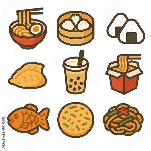 Asian Street Food Icons. Flat icon set of Asian street food: ramen bowl, dim sum, rice balls, gyoza, bubble