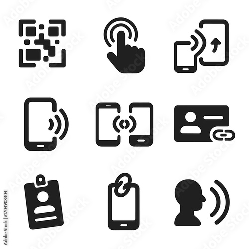 Modern Contactless Icon Set. Flat icon set of modern contactless tools: QR scan, tap to connect, wireless