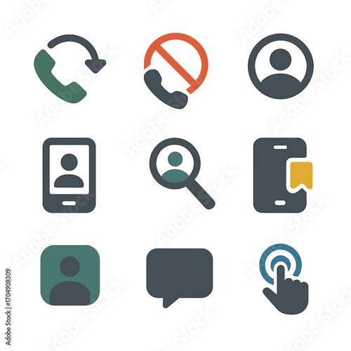 Modern Contact Icons. Flat icon set of mobile user contact options: recent contact, call block, profile