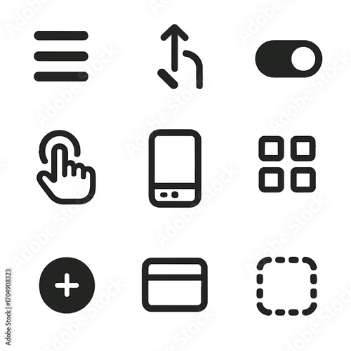 Mobile UI Icons Grid. Flat icon set of mobile UI elements: hamburger menu, swipe icon, toggle switch, tap