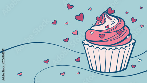 Valentine cupcake with hearts drawing, sweet love dessert vector illustration for greeting card design