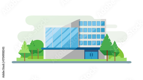Modern corporate office building with glass facade and trees vector illustration design asset