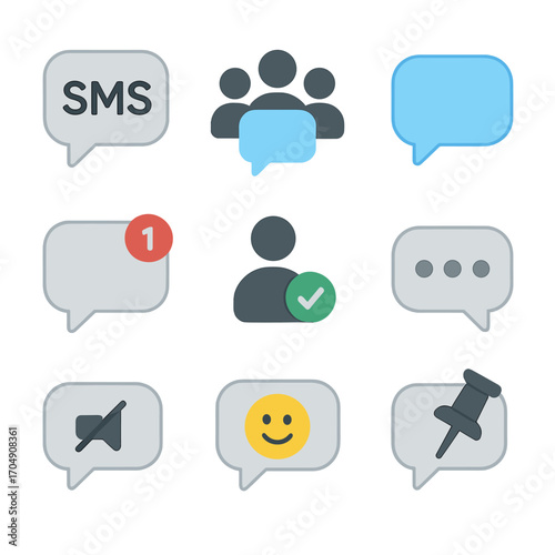 Messaging Icon Set. Flat icon set of messaging contacts: SMS icon, group chat, direct message, unread icon,